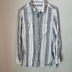 Athleta Blue & White Stripe 100% Linen Button Front Tunic Blouse - Size S - EUC